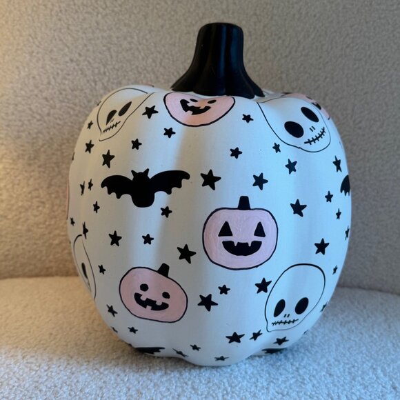 Patterned Black & White Bat, Skull, and Jack-o-lantern Large Ceramic Pumpkin - Picture 5 of 5